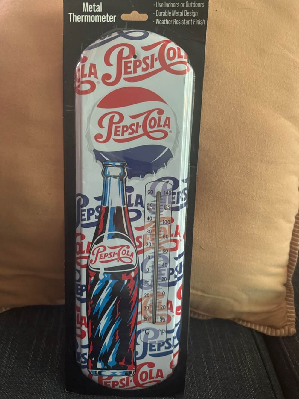 Pepsi-Cola Metal Thermometer - Retro Bottle Design in Red, Blue, White